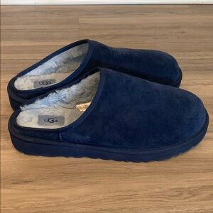 UGG Navy Suede Shearling-Lined Slipper Clog
